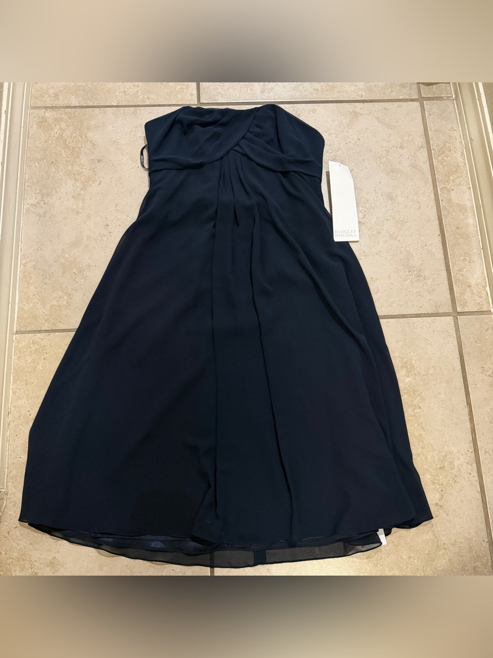 Badgley Mischka Bridesmaids Strapless Chiffon Navy Blue Dress Size 8